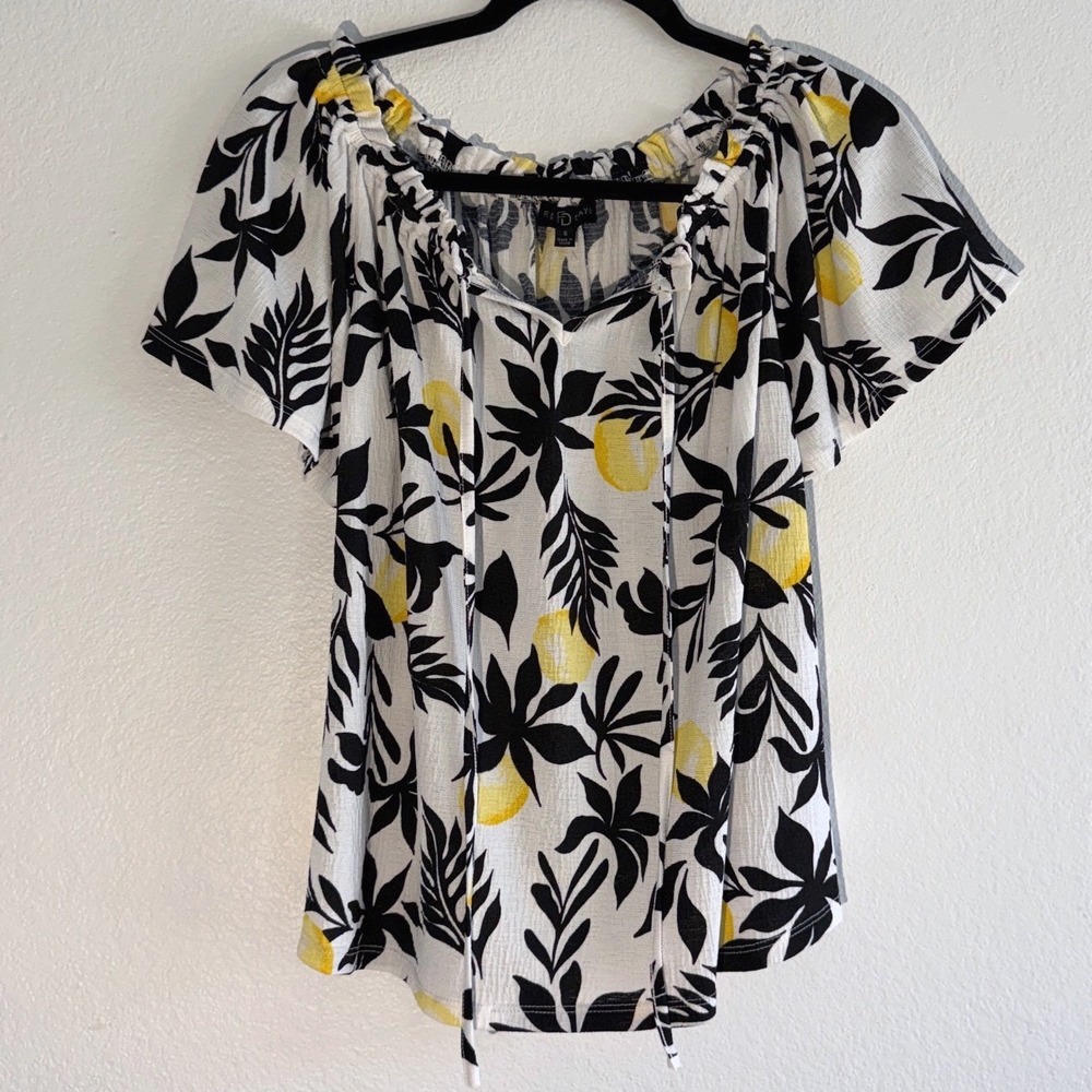 Fred David Lemon Tropical Print‎ Flutter Sleeve Blouse Small White